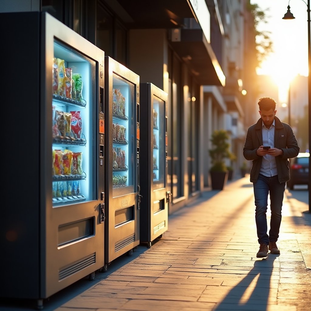 Fila de máquinas expendedoras modernas instaladas en una vereda urbana