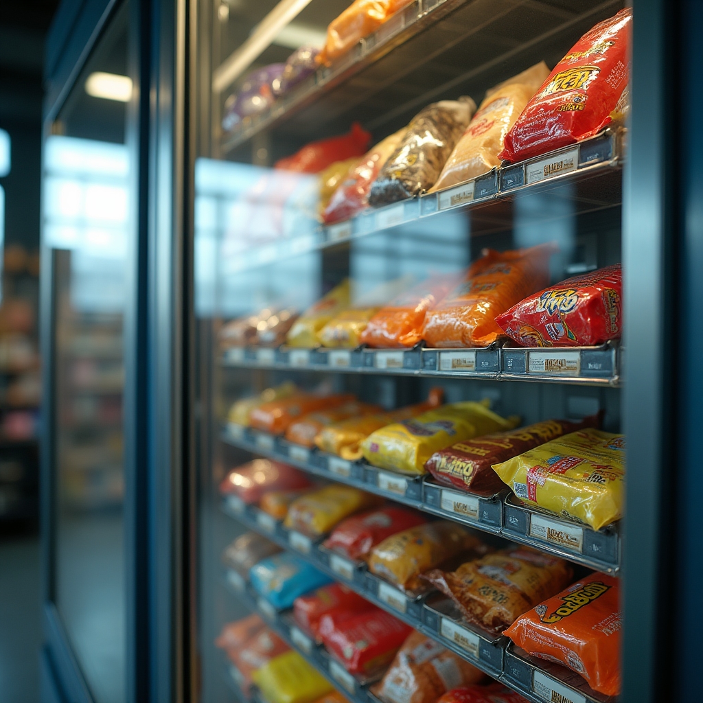 Detalle de una máquina expendedora de snacks con espirales visibles
