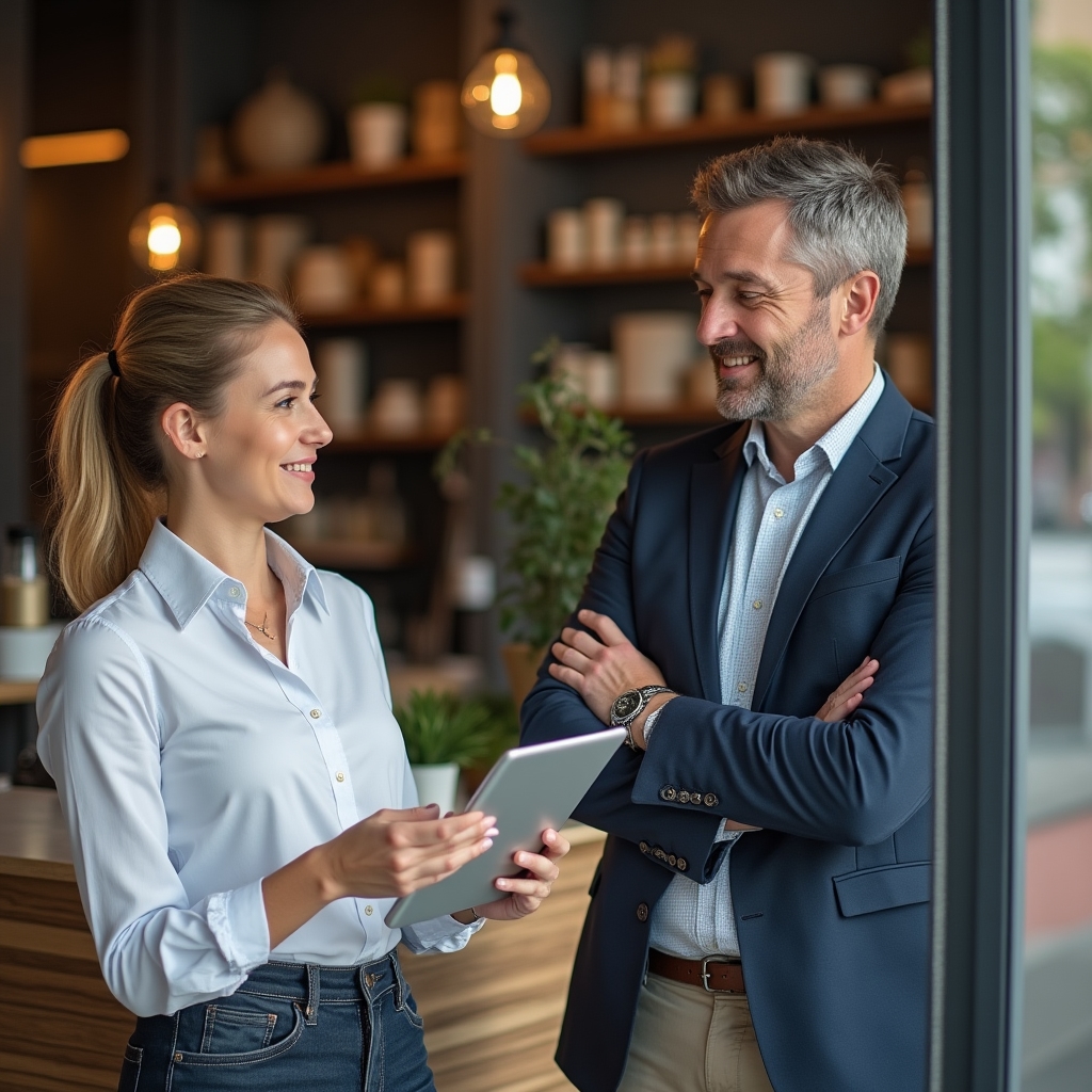 Dos personas conversando sobre la instalación de una máquina expendedora dentro de un local comercial