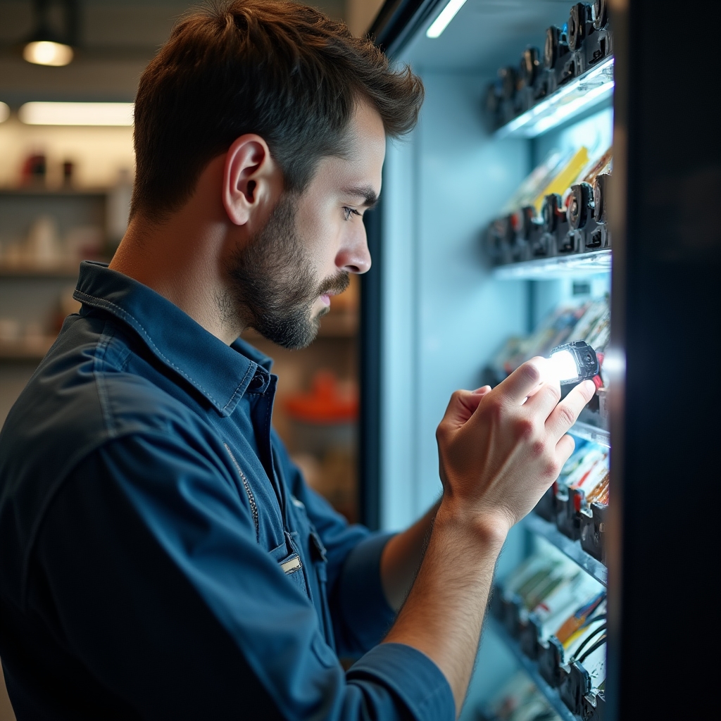Técnico revisando el mecanismo interno de una máquina expendedora